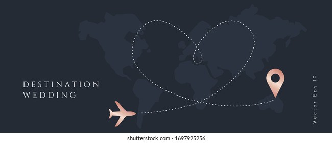 Destination Wedding  Invitation.Modern luxury vector design template.Airplane trip to wedding party.Hert shape pin.