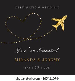 Destination Wedding  Invitation.Plane makes heart.Modern luxury vector design template.