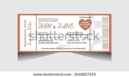 Destination Wedding Pass Vector, Wedding Invitation Ticket, Vector ticket wedding invitation, Card invite design, marriage greeting illustration