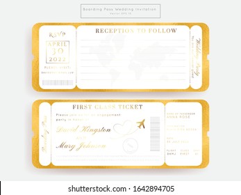 Zielort Hochzeitspass Golden Foil Invitation Vektorillustration Set.Boarding Pass Ticket Template.Modernes Luxus Design.