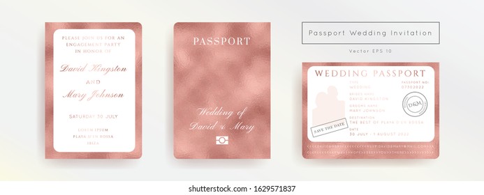 Destination Wedding Passport Invitation Vector Set.Boarding Pass ticket template.Modern luxury Rose Gold Foil design.