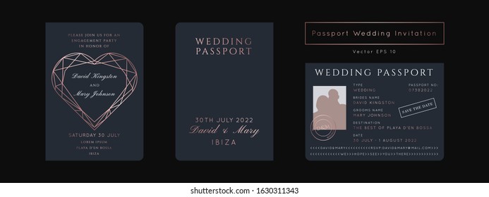 Destination Wedding Passport Invitation Vector Set.Boarding Pass ticket template.Modern luxury Geometric Heart  Rose Gold design.