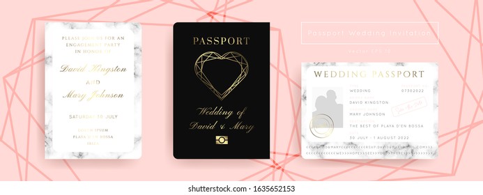 Destination Wedding Passport Invitation Vector Set.Boarding Pass ticket template.Modern luxury Marble and Gold Geometric Heart design.