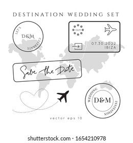 Destination Wedding Passport Invitation Vector Set.Visa stamps pass template.World map atlas.Modern luxury design.