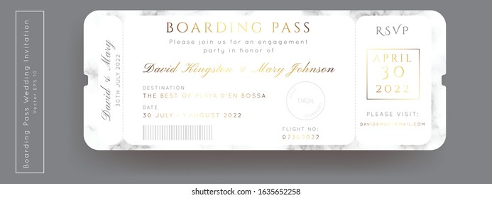 Destination Wedding Passport Invitation Vector.Boarding Pass marble ticket template.Modern luxury gold design.