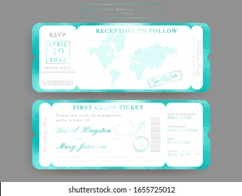 Destination Wedding Passport Turquoise Golden Foil Invitation Vector Set.Boarding Pass ticket template.Modern luxury design.