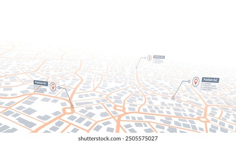 Destinations. Perspective Gps tracking map. Track navigation pin on street map, navigate mapping locate position pin. Abstract map background. Vector illustration