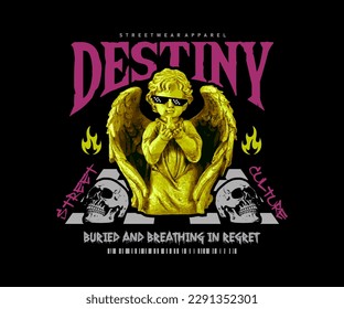 destiny slogan typography with baby angels statue graphic vector illustration on black background for streetwear and urban style t-shirts design, hoodies, etc