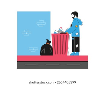 A destitute man is picking through garbage, poor life becomes a social issue. Character design. Vector flat illustration