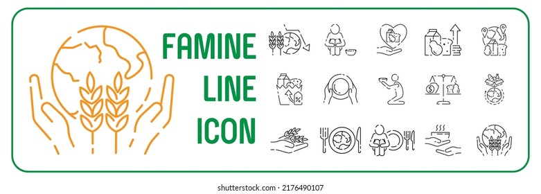 Destitution Line Icon Set. Included The Icons As Scraggy, Skinny, Starving, Homeless , Beggar, Poor And More. Global Famine Crisis. Global Food Security
