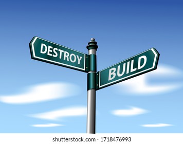 destroy and build vector street sign with sky background
