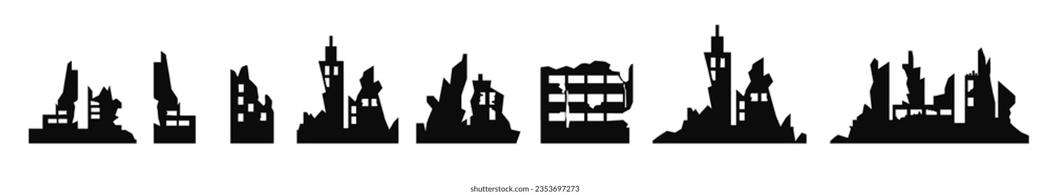 Destroy city builings war earthquake black silhouette