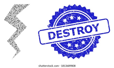 Destruir la imitación de sellos de grunge y la hendidura del colaje fractal vectorial. El sello azul contiene el texto Destroy dentro de la rosette. El collage vectorial se crea con pictogramas de hendidura rotados aleatoriamente.