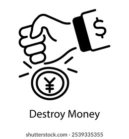 Destruir dinheiro com mão, ícone de estilo linear