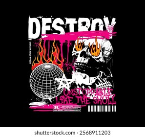 destroy slogan with skull graffiti in street style design for streetwear, t-shirt print, screen printing, merch, apparel and more