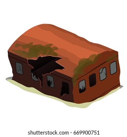 Destroyed an abandoned utility building isolated on a white background. Cartoon vector close-up illustration.