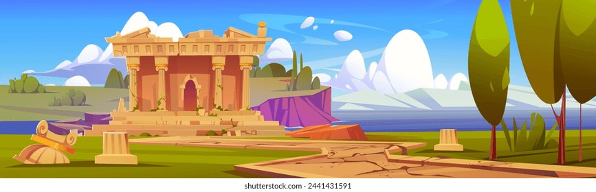 Destroyed ancient greek temple on summer landscape. Vector cartoon illustration of antique acropolis building with marble pillars, cracked stones, green trees, bushes on hills, blue river, sunny sky