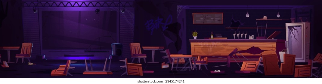 Destroyed bar interior with damaged furniture. Vector cartoon illustration of messy night club with empty stage, broken tables and chairs, dirty stains and cobweb on walls, dust and bottles on floor