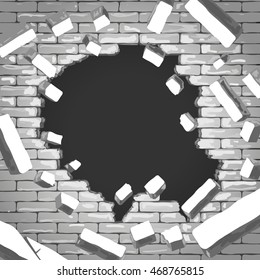 Destroyed brick wall background. Hole in grey brick wall illustration