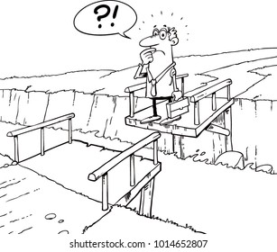 Destroyed bridge. A businessman is trying to cross the other side of the river