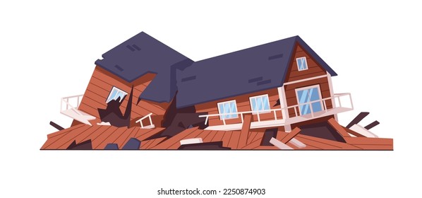 Destroyed broken house. Damaged ruined wood building, earthquake disaster consequence. Smashed cracked residential construction facade, exterior. Flat vector illustration isolated on white background