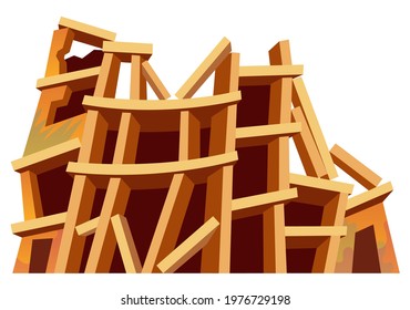 Destroyed building after earthquake, storm, tornado, natural disaster. Derelict broken house after war. Cartoon game object isolated on white background.