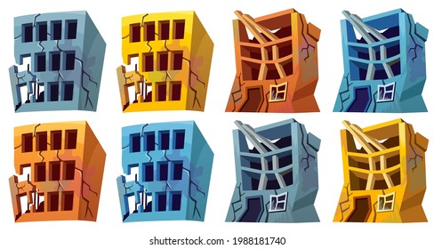 Destroyed building after earthquake, storm, tornado, natural disaster. Set derelict broken house after war. Cartoon game object isolated on white background.