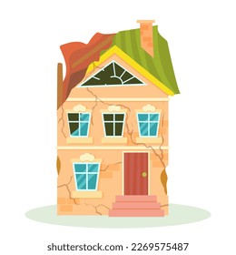 A destroyed building after a fire or an earthquake. Ruined city buildings after the war. Damaged city with old broken dilapidated housing. Vector illustration isolated on white background.