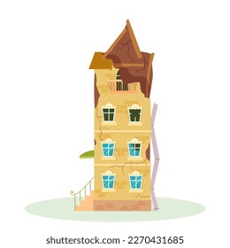 A destroyed building after a fire or an earthquake. Ruined city buildings after the war. Damaged city with old broken dilapidated housing. Vector illustration isolated on white background.