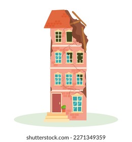A destroyed building after a fire or an earthquake. Ruined city buildings after the war. Damaged city with old broken dilapidated housing. Vector illustration isolated on white background.