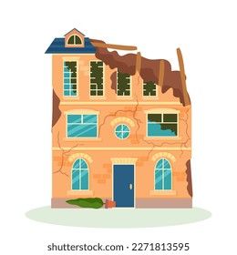 Un edificio destruido después de un incendio o un terremoto. Edificios de la ciudad arruinados después de la guerra. Ciudad dañada con viviendas deterioradas. Ilustración vectorial aislada en fondo blanco.