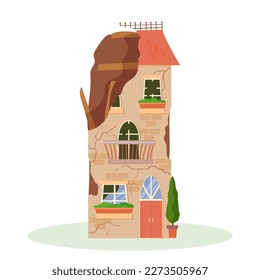 Un edificio destruido después de un incendio o un terremoto. Edificios de la ciudad arruinados después de la guerra. Ciudad dañada con viviendas deterioradas. Ilustración vectorial aislada en fondo blanco.