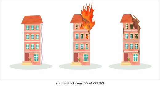 A destroyed building after a fire or an earthquake. Ruined city buildings after the war. Damaged city with old broken dilapidated housing. Vector illustration isolated on white background.