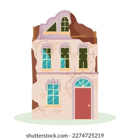 A destroyed building after a fire or an earthquake. Ruined city buildings after the war. Damaged city with old broken dilapidated housing. Vector illustration isolated on white background.