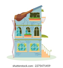 A destroyed building after a fire or an earthquake. Ruined city buildings after the war. Damaged city with old broken dilapidated housing. Vector illustration isolated on white background.