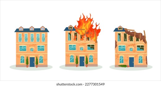 Ein zerstörtes Gebäude nach einem Feuer oder einem Erdbeben. Stadthäuser nach dem Krieg ruiniert. Beschädigte Stadt mit alten zerbrochenen, verfallenen Häusern. Vektorgrafik einzeln auf weißem Hintergrund.