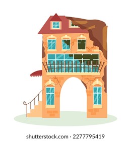 Un edificio destruido después de un incendio o un terremoto. Edificios de la ciudad arruinados después de la guerra. Ciudad dañada con viviendas deterioradas. Ilustración vectorial aislada en fondo blanco.