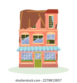 Un edificio destruido después de un incendio o un terremoto. Edificios de la ciudad arruinados después de la guerra. Ciudad dañada con viviendas deterioradas. Ilustración vectorial aislada en fondo blanco.
