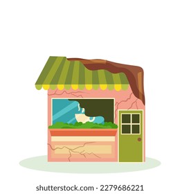 Un edificio destruido después de un incendio o un terremoto. Edificios de la ciudad arruinados después de la guerra. Ciudad dañada con viviendas deterioradas. Ilustración vectorial aislada en fondo blanco.