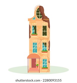 A destroyed building after a fire or an earthquake. Ruined city buildings after the war. Damaged city with old broken dilapidated housing. Vector illustration isolated on white background.
