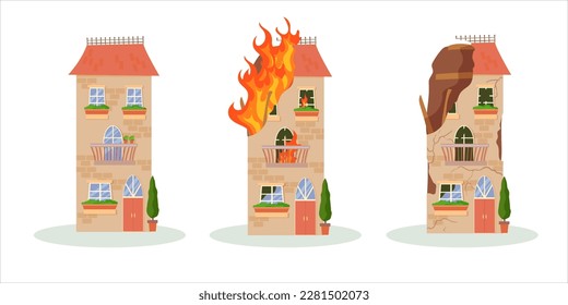 Ein zerstörtes Gebäude nach einem Feuer oder einem Erdbeben. Stadthäuser nach dem Krieg ruiniert. Beschädigte Stadt mit alten zerbrochenen, verfallenen Häusern. Vektorgrafik einzeln auf weißem Hintergrund.
