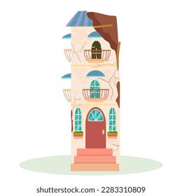 A destroyed building after a fire or an earthquake. Ruined city buildings after the war. Damaged city with old broken dilapidated housing. Vector illustration isolated on white background.