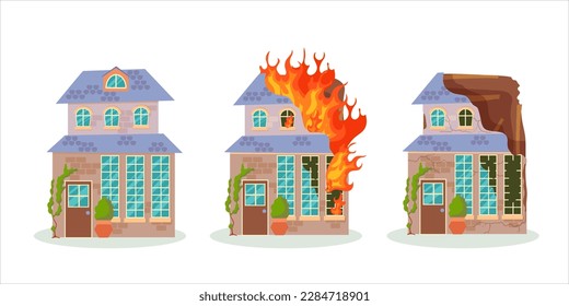 Un edificio destruido después de un incendio o un terremoto. Edificios de la ciudad arruinados después de la guerra. Ciudad dañada con viviendas deterioradas. Ilustración vectorial aislada en fondo blanco.