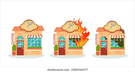 Un edificio destruido después de un incendio o un terremoto. Edificios de la ciudad arruinados después de la guerra. Ciudad dañada con viviendas deterioradas. Ilustración vectorial aislada en fondo blanco.