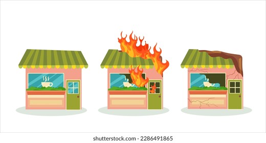 Un edificio destruido después de un incendio o un terremoto. Edificios de la ciudad arruinados después de la guerra. Ciudad dañada con viviendas deterioradas. Ilustración vectorial aislada en fondo blanco.