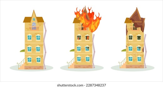 A destroyed building after a fire or an earthquake. Ruined city buildings after the war. Damaged city with old broken dilapidated housing. Vector illustration isolated on white background.