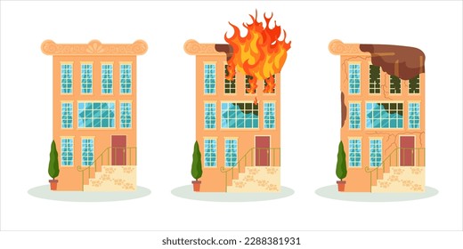 Un edificio destruido después de un incendio o un terremoto. Edificios de la ciudad arruinados después de la guerra. Ciudad dañada con viviendas deterioradas. Ilustración vectorial aislada en fondo blanco.