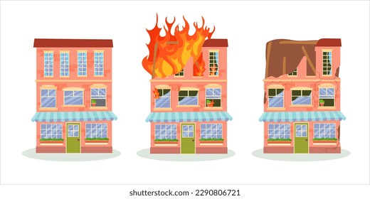 Un edificio destruido después de un incendio o un terremoto. Edificios de la ciudad arruinados después de la guerra. Ciudad dañada con viviendas deterioradas. Ilustración vectorial aislada en fondo blanco.