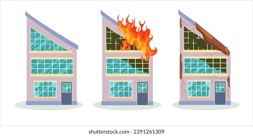 Un edificio destruido después de un incendio o un terremoto. Edificios de la ciudad arruinados después de la guerra. Ciudad dañada con viviendas deterioradas. Ilustración vectorial aislada en fondo blanco.