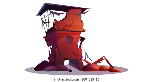 Construcción destruida después de un desastre natural o una guerra. Caricatura abandonada de casa de ciudad rota aislada ilustración vectorial. Estructura dañada o ruinas abandonadas después del cataclismo, terremoto o explosión.